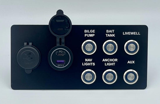 Custom marine boat switch panel with stainless steel push button switches, Bluewater Industries Custom Marine Boat Switch Panels Dash Panel Switches, Marine USB.