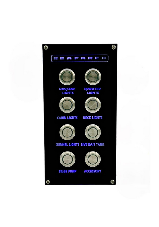 Custom backlit marine boat switch panel with stainless steel push button switches.