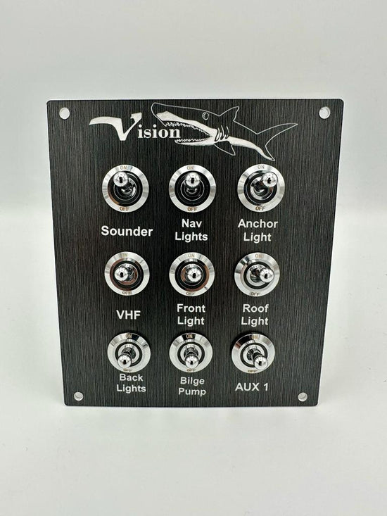 Custom marine boat switch panel with stainless steel push button switches, Bluewater Industries Custom Marine Boat Switch Panels Dash Panel Switches.