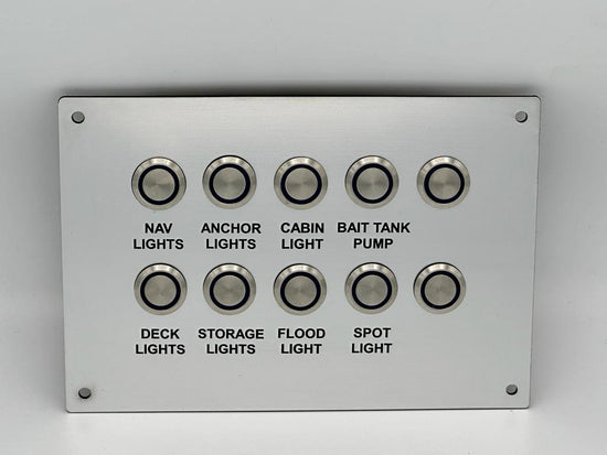 Custom marine boat switch panel with stainless steel push button switches, Bluewater Industries Custom Marine Boat Switch Panels Dash Panel Switches.