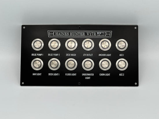 Bluewater Industries Custom Marine Boat Switch Panels Dash Panel with Push Button Switches Haines Hunter V17R.