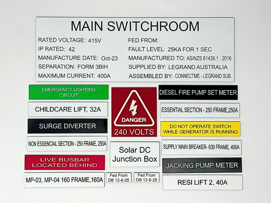 Custom engraved Traffolyte labels for electrical switchboards and control panels