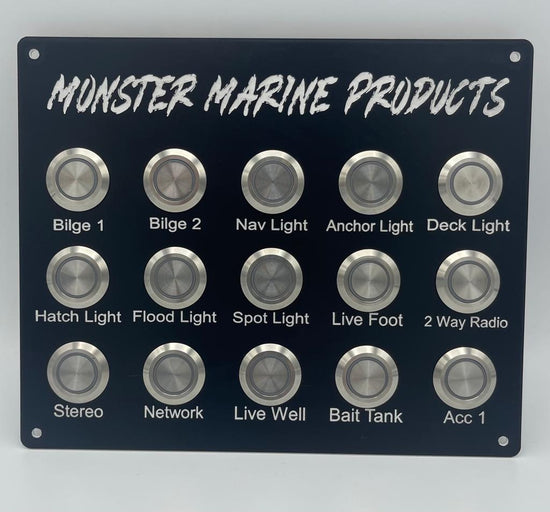 Custom marine boat switch panel with stainless steel push button switches.