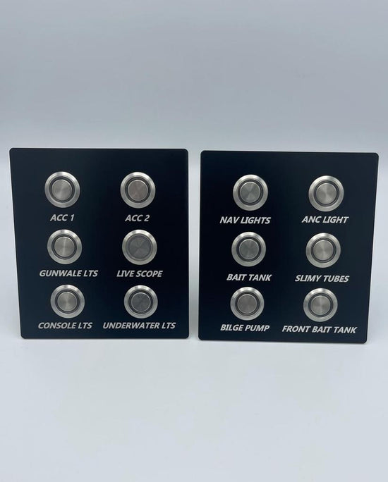 Custom marine boat switch panel with stainless steel push button switches, Bluewater Industries Custom Marine Boat Switch Panels Dash Panel Switches.