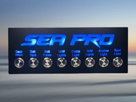 Custom backlit marine boat switch panel with stainless steel push button switches, Bluewater Industries Custom Marine Boat Switch Panels Dash Panel Switches.